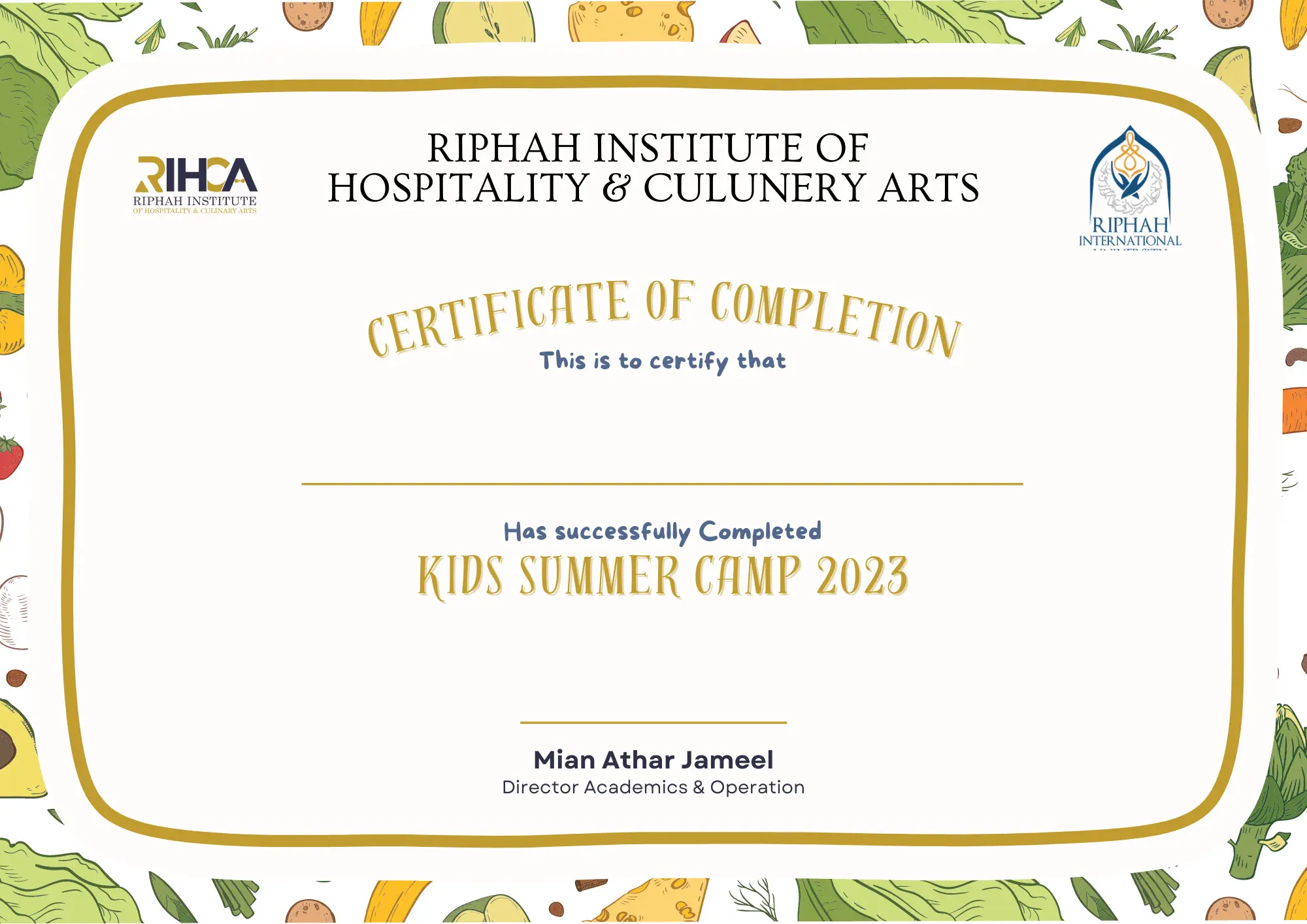 RIHCA kids summer camp certificate