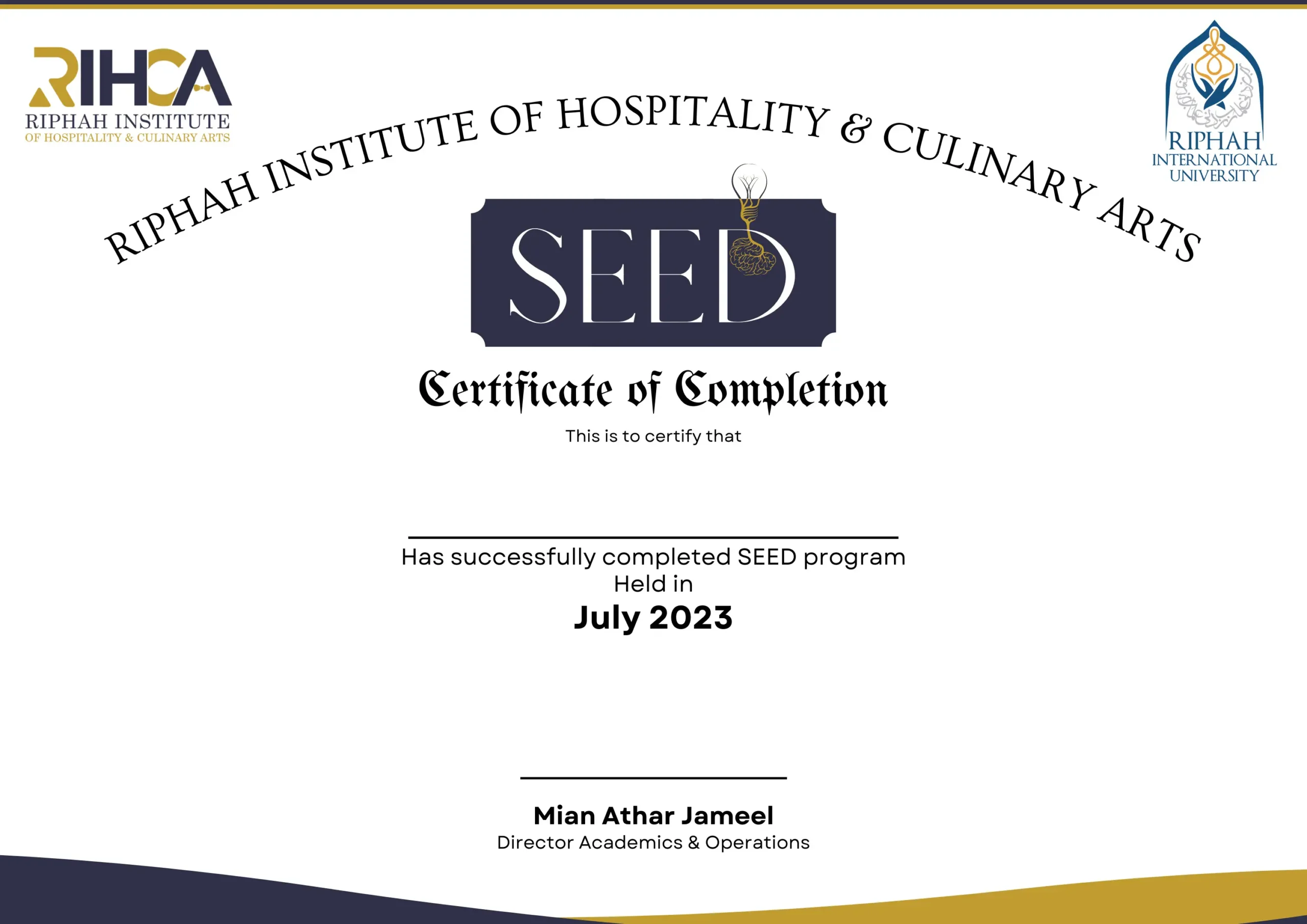 RIHCA SEED programme certificate