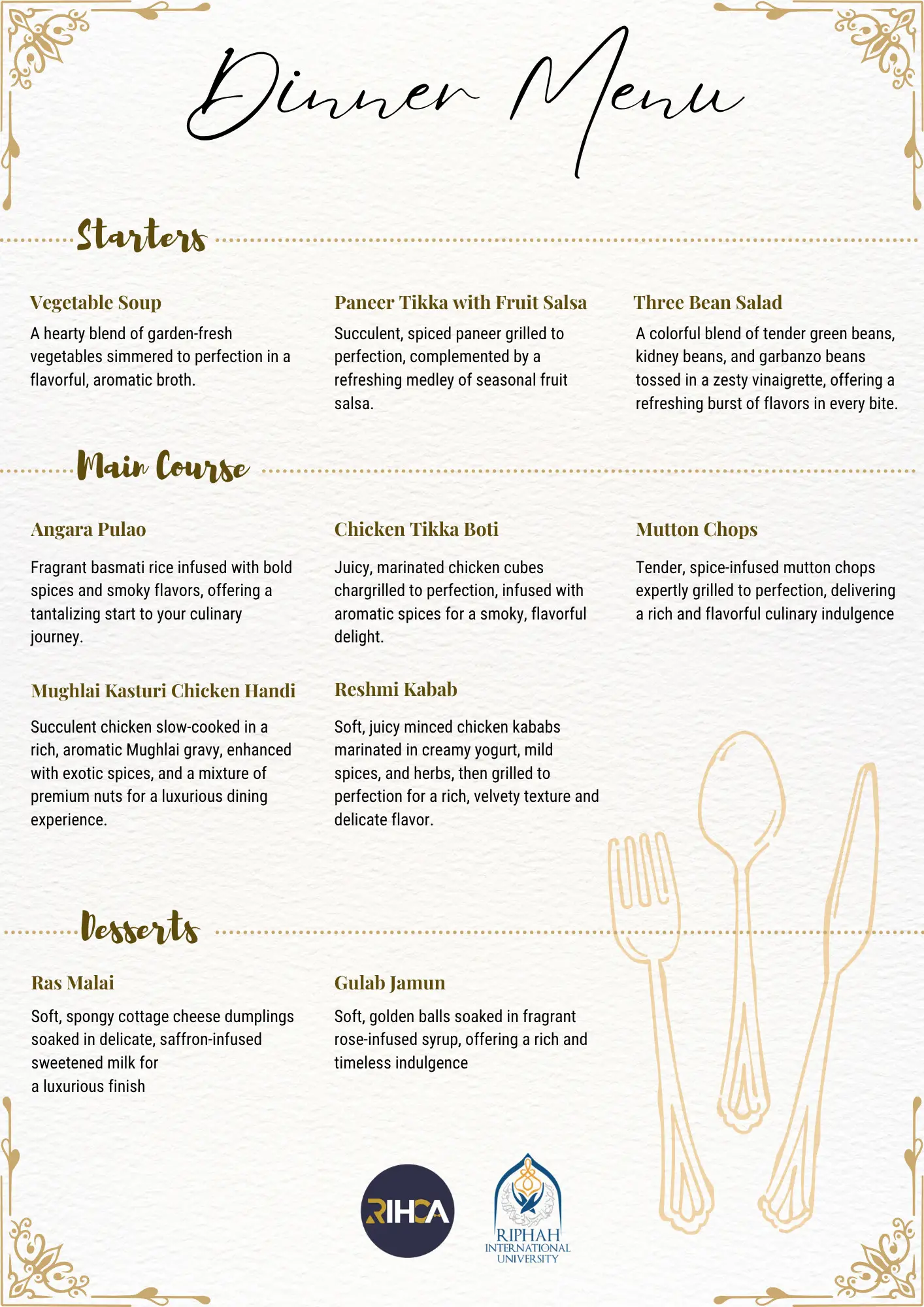 RIHCA dinner menu