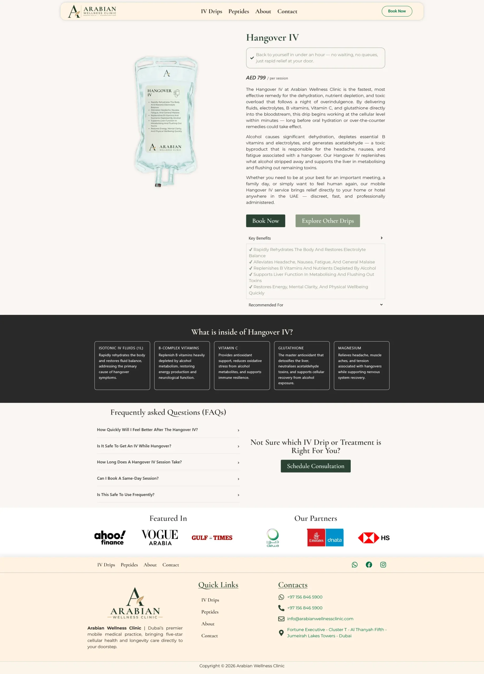 Arabian Wellness Clinic single IV drip page